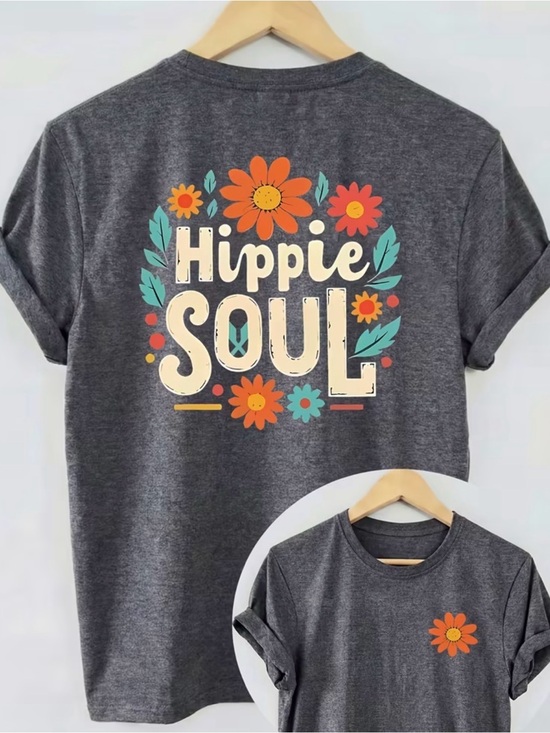 Tops - Hippie Soul women’s Graphic Tee - Charcoal with Orange Floral